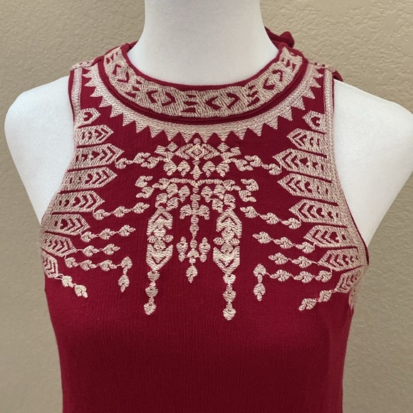 Alya Elegant Dark Red Embroidered Sleeveless Halter Dress. Tie back. Size XS. - Picture 3 of 11
